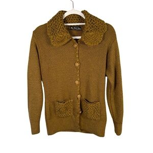 Vintage Well Wear Cozy Mustard Sweater Crochet Details Size M Boho Cottagecore